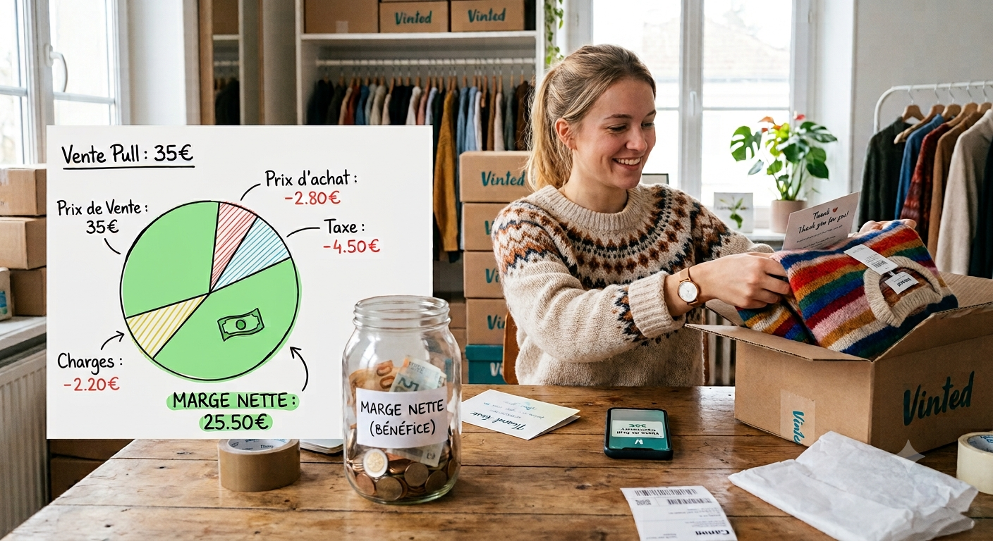 Vendeuse souriante emballant un pull dans un carton Vinted, à côté d'un schéma dessiné à la main décomposant une vente de 35 euros en prix d'achat, taxe et marge nette