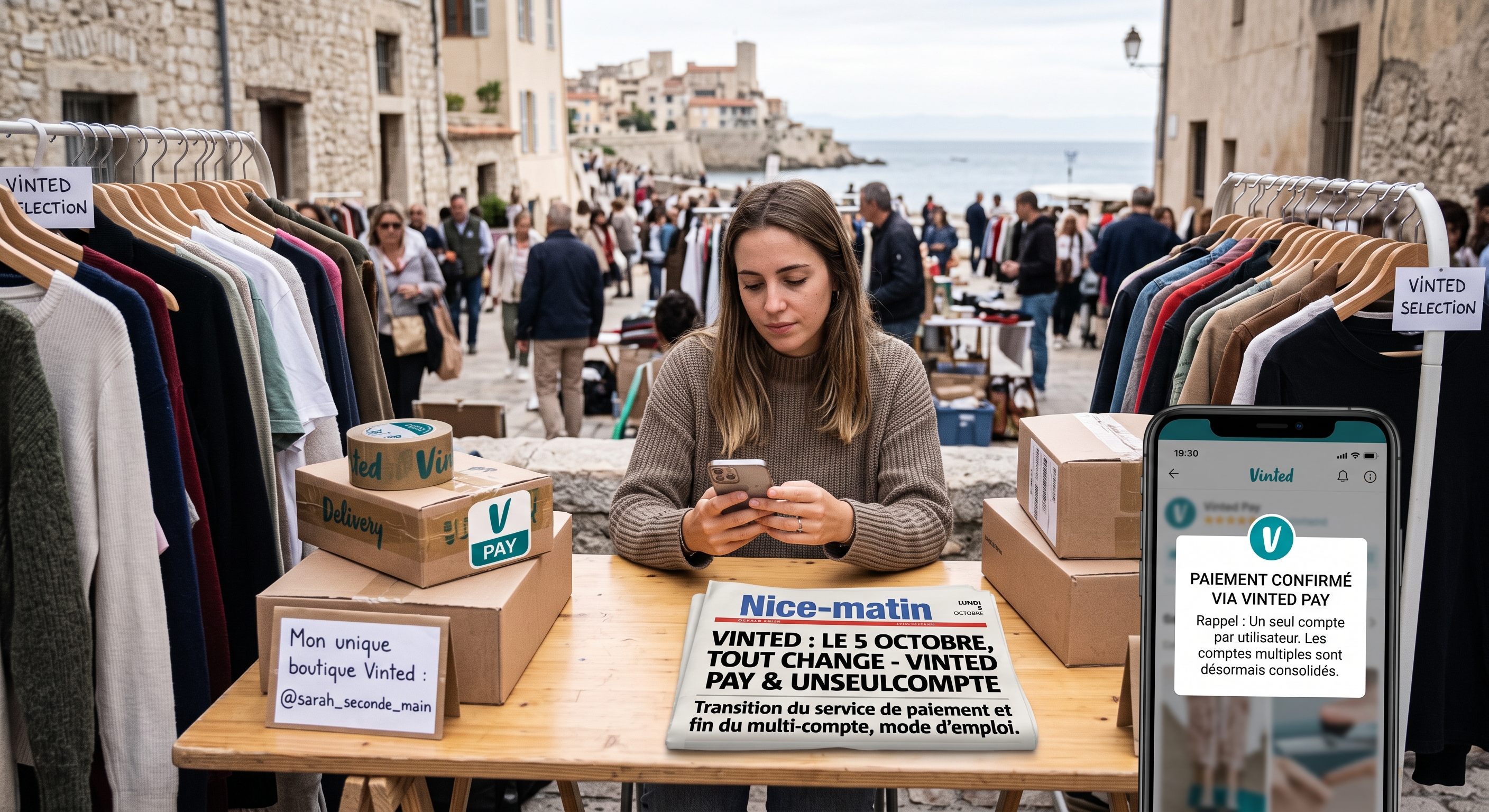 Vendeuse Vinted regardant son téléphone affichant une demande d'acceptation des nouvelles conditions, à côté d'un calendrier ouvert sur la date du 5 octobre 2026