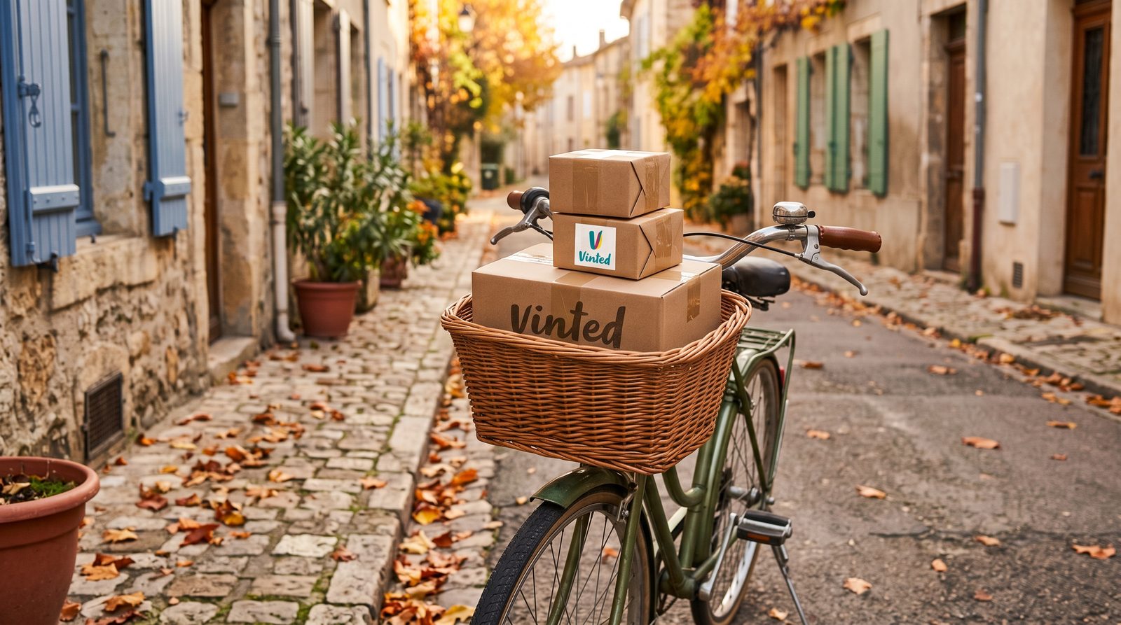 Trois colis Vinted en carton kraft dans le panier d'un vélo, garé dans une ruelle pavée en automne